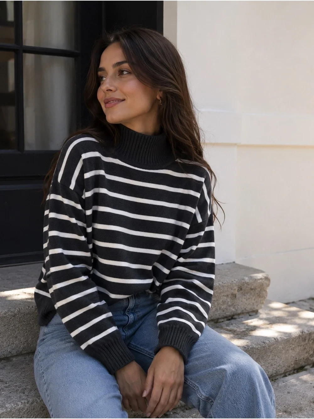 Banana Republic Grey and White Striped Turtleneck Sweater
